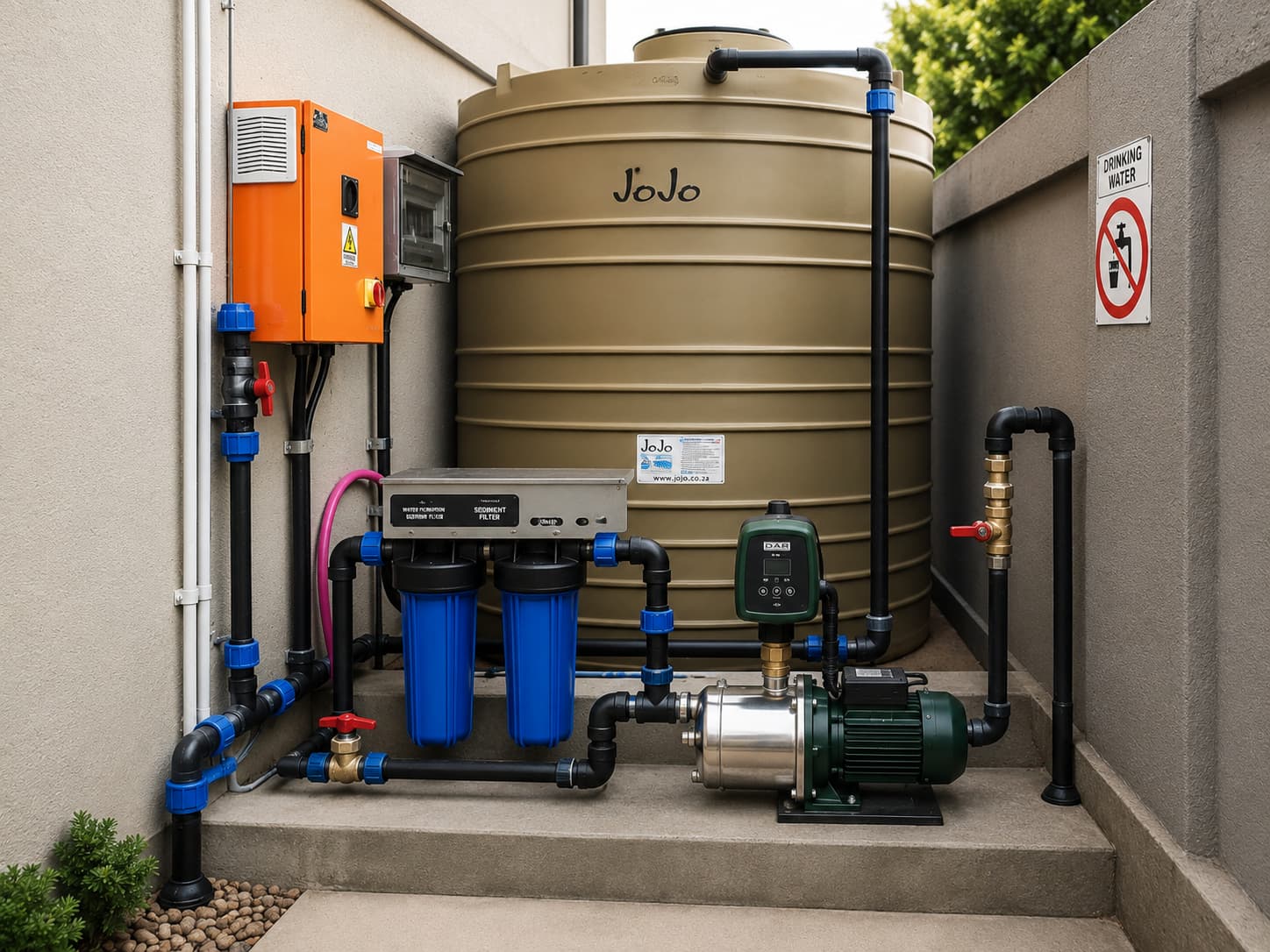 South African backup water installation with JoJo tank, booster pump, pressure controller, filtration housings and HDPE pipework