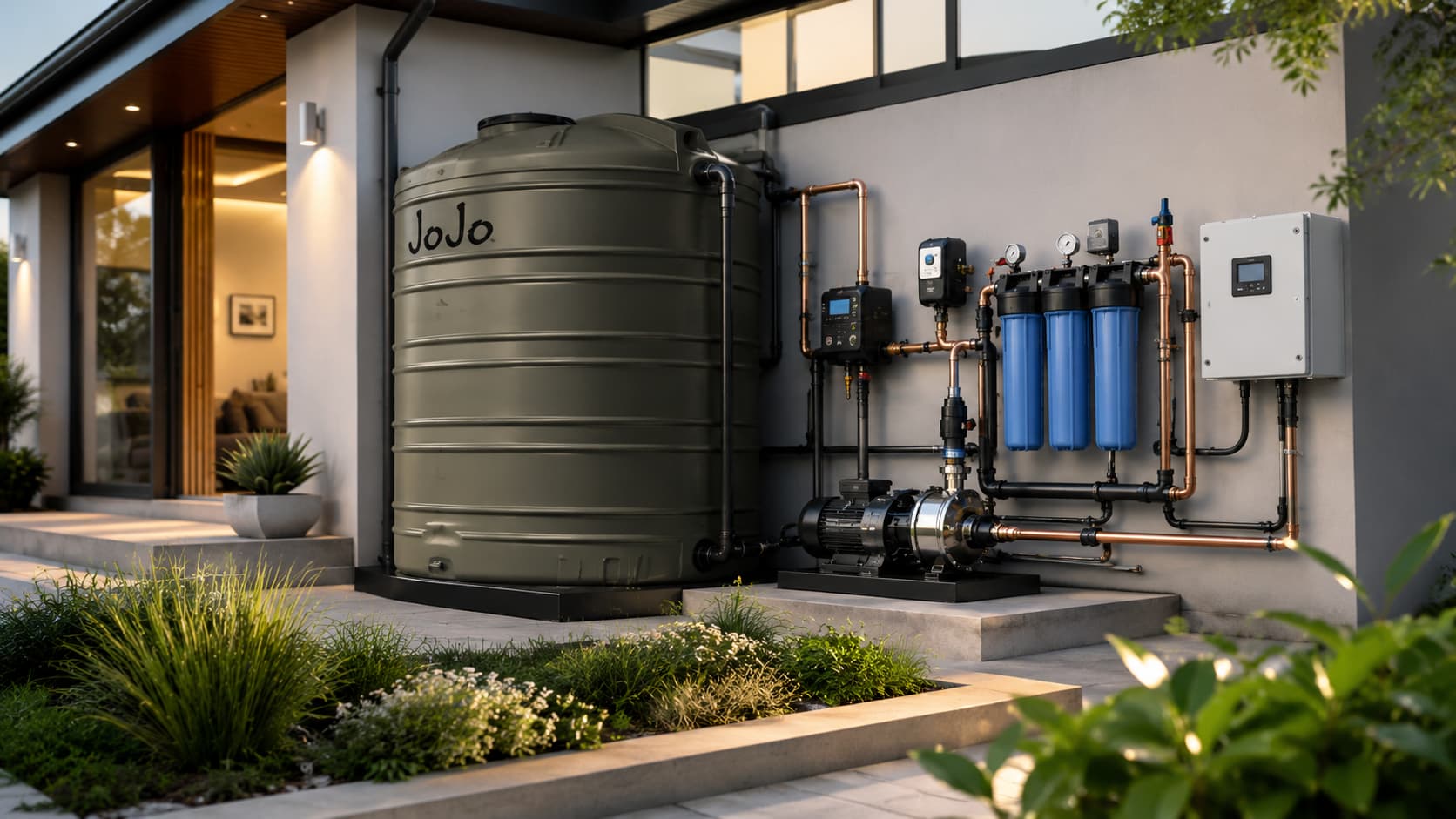 Premium backup water system with storage tank, booster pump, pressure control and filtration installed at a modern Gauteng home